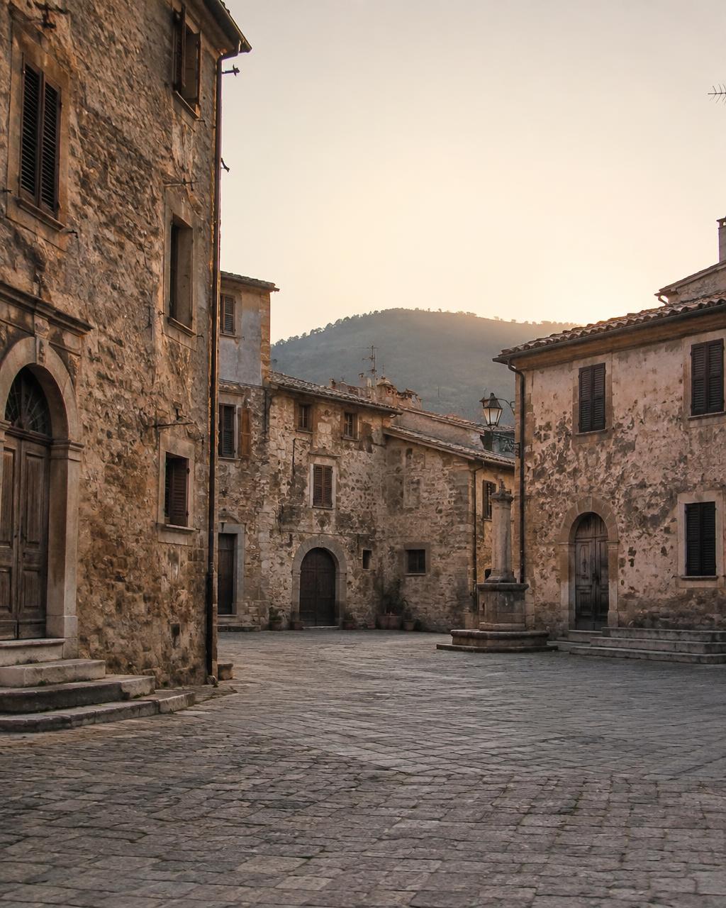 An empty stone village square in rural Italy at dawn